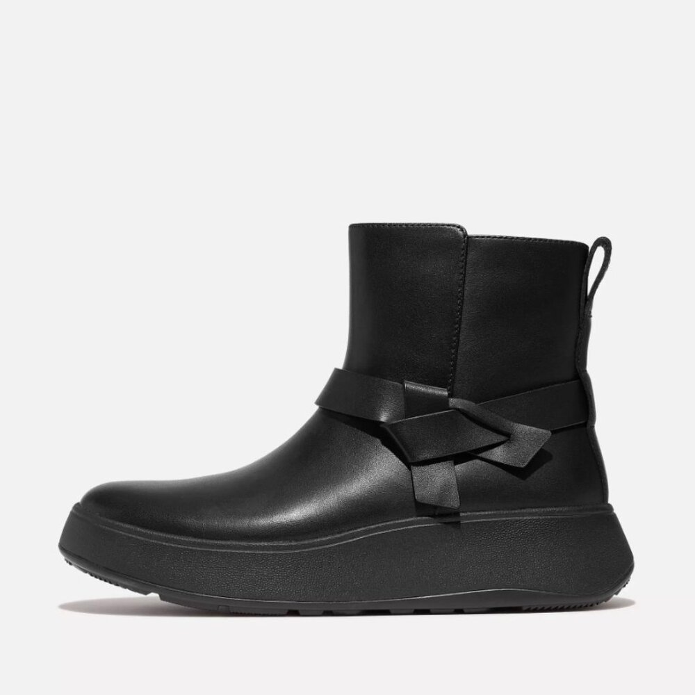 FitFlop F-MODE Folded-Knot Leather Flatform Short Boots NEW in BOX size 7 Black
